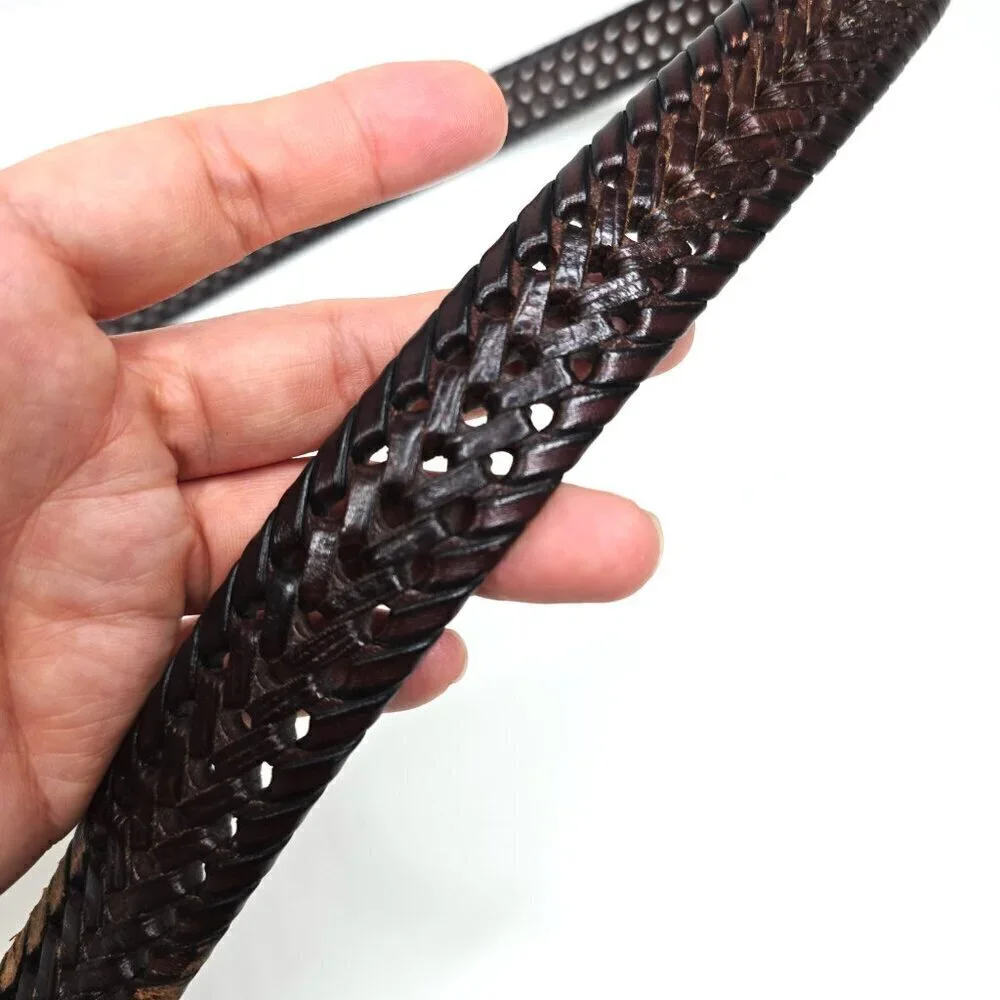 Fossil Vintage Brown Braided Leather Belt Gold Buckle